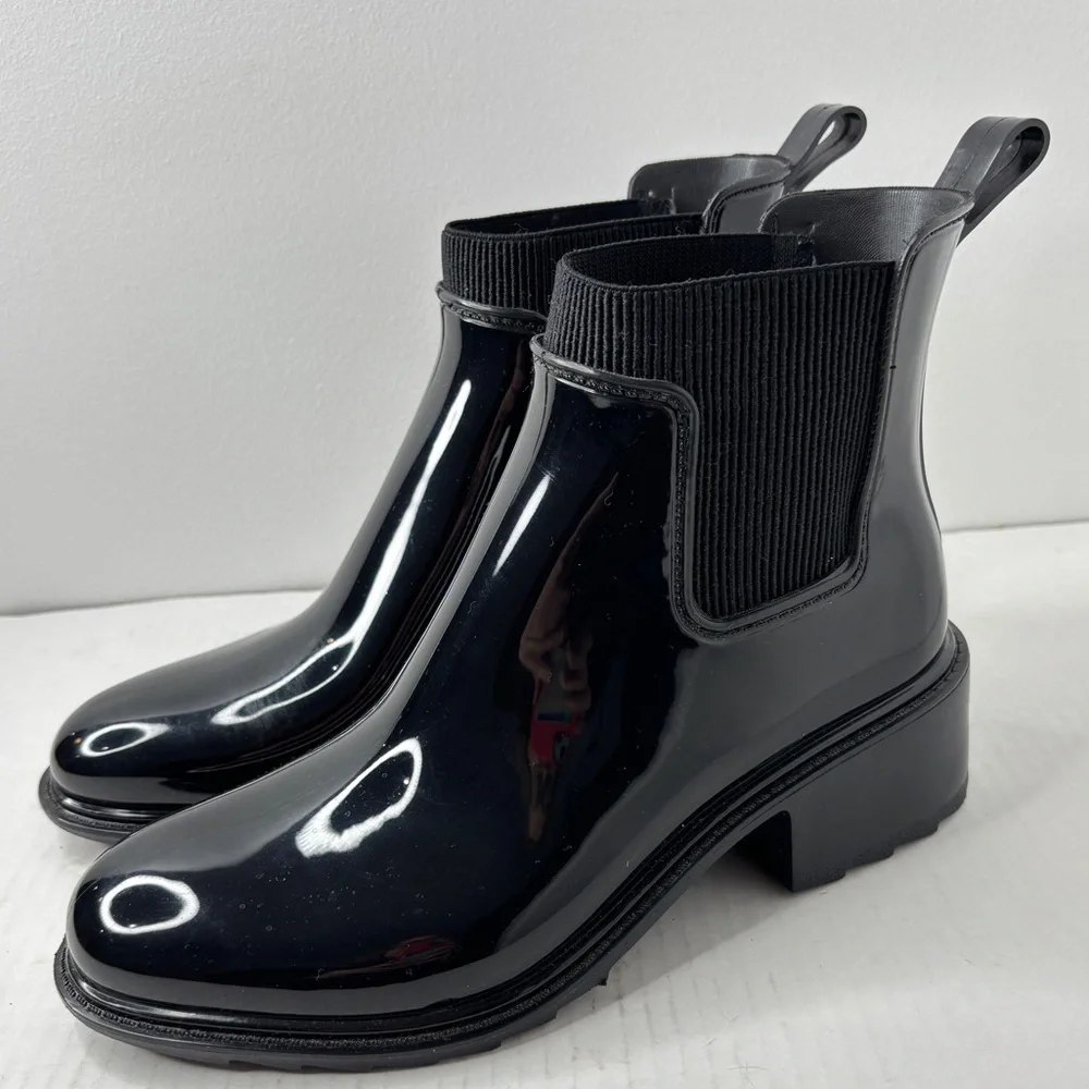 A New Day Camille heeled Chelsea rain Boots black shiny waterproof Size 8 NWOB